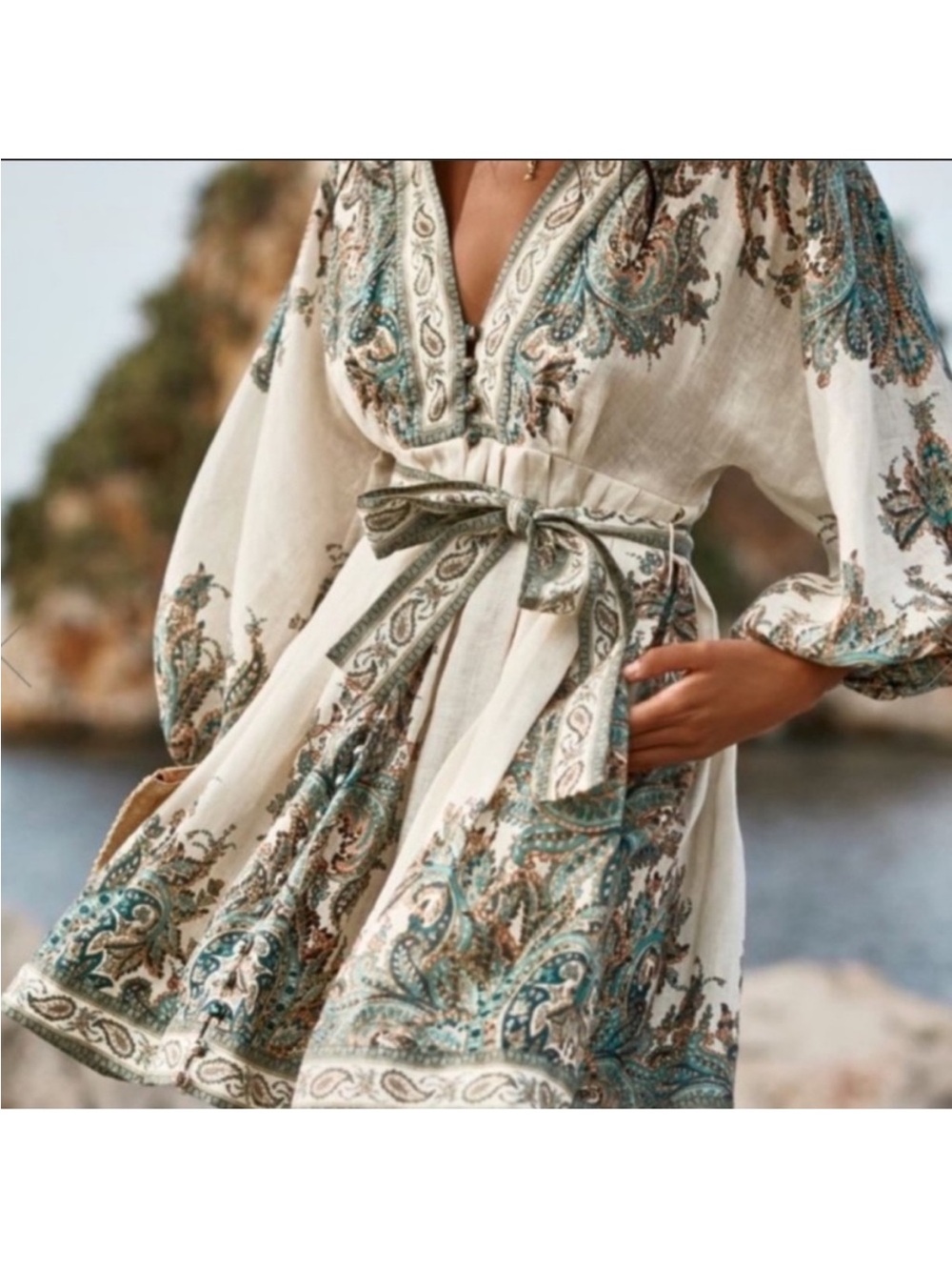 Zimmermann White Mini Dress with Sage & Taupe Paisley Print